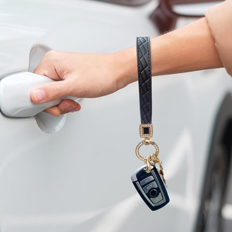 OHKYOOT Store Leather Wristlet Keychain,Wrist Keychain Car Key Chain with 5 Key Ring and Anti-Lost D Ring - Image 3